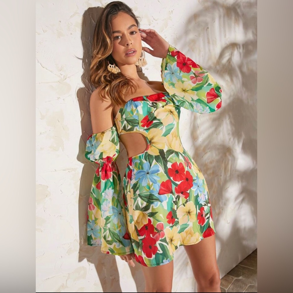 SHEIN VCAY Floral Print Off Shoulder Flounce Sleeve Dress